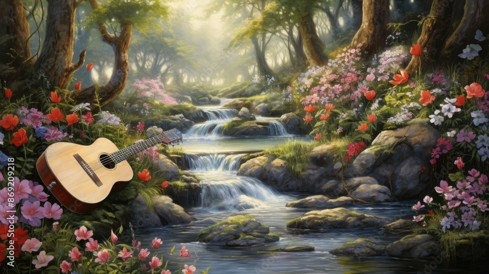 Poster the image is a beautiful landscape of a forest with a river running through it.