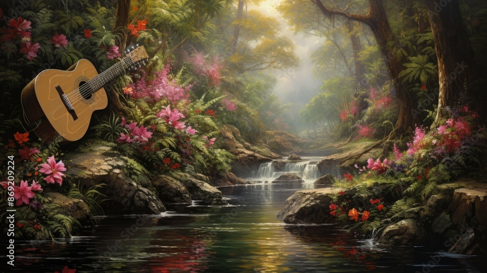 Poster the image is a beautiful landscape of a forest with a river running through it. the trees are tall a