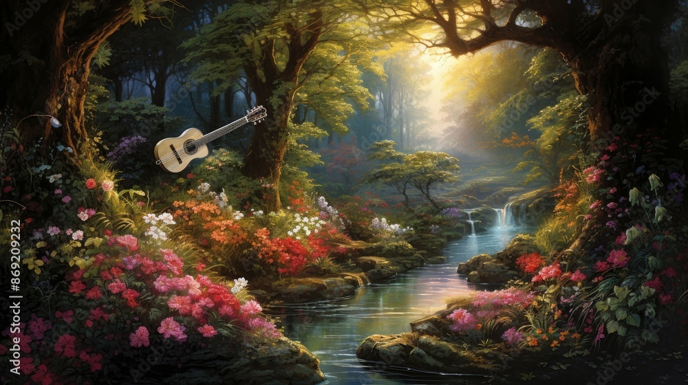 Poster the image is a beautiful landscape of a forest with a river running through it.