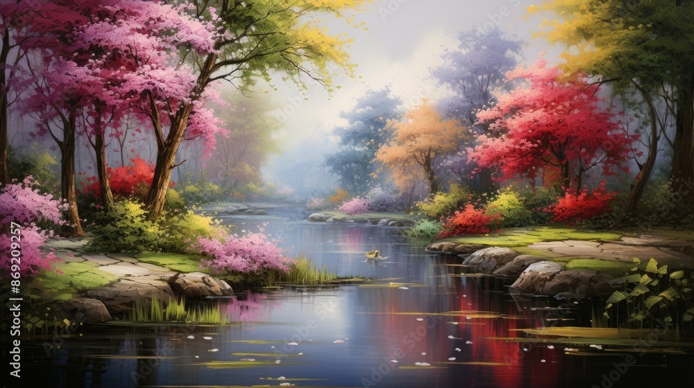 Poster the image is of a beautiful landscape with a river running through it. the trees are in full bloom a