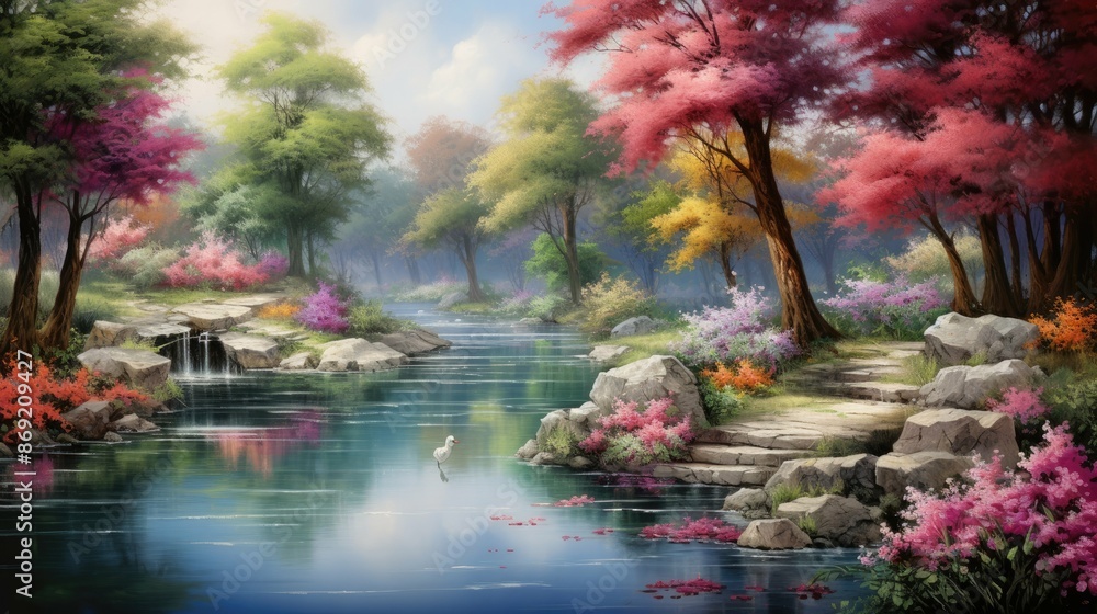 Poster the image is of a beautiful landscape with a river running through it. the river is surrounded by lu