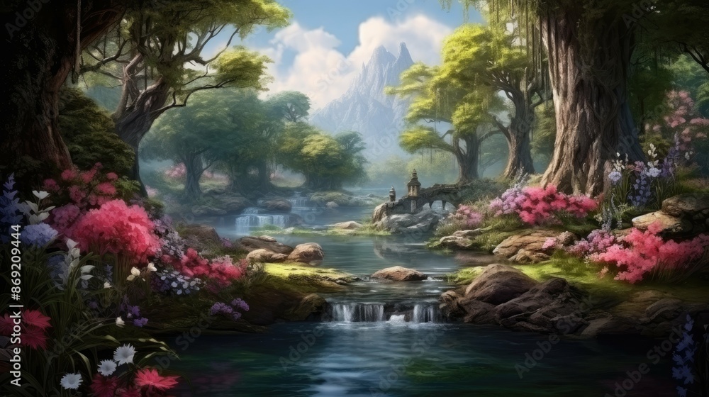 Poster a beautiful landscape with a river running through it. the river is surrounded by trees and flowers,