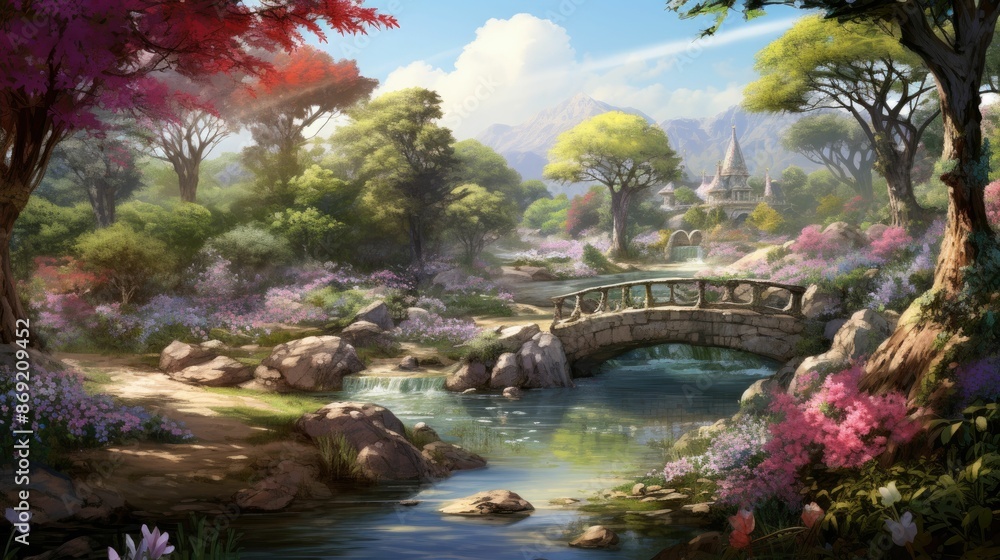 Poster a beautiful landscape with a castle in the distance. the foreground is a lush green field with a riv