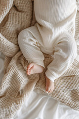 Top view of a baby wearing pajamas in white color, mockup