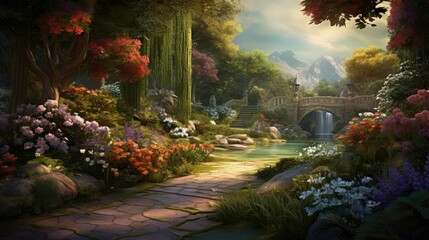A beautiful garden with a stone bridge over a river. The garden is full of colorful flowers and lush green trees.