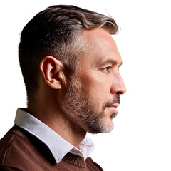 A man aged 40, facing towards the left side of her face, isolated on a white or transparent background in PNG format.