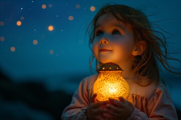 A child holding a lantern in the dark, surrounded by stars.
