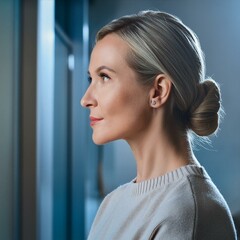 A woman aged 40, facing towards the left side of her face.
