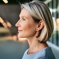 A woman aged 40, facing towards the left side of her face.