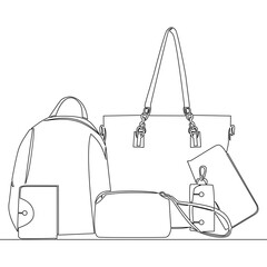 Continuous one single line drawing set of fashionable women's hand bags icon vector illustration concept