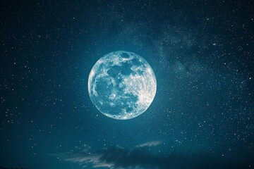 Fototapeta premium A close-up view of a full moon against a backdrop of a starry night sky.
