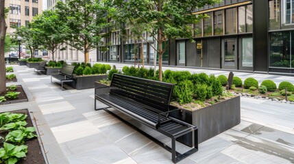 A modern planter bench sits on a city street with a pedestrian walking by. The bench is filled with various greenery and flowers