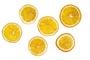 Dried slices of orange (lemon) isolated on white background.Top view