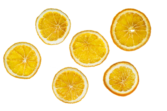 Dried slices of orange (lemon) isolated on white background.Top view