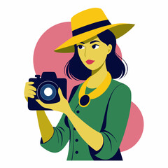 World Photography Day, Women with DSLR Camera and Were Hat, Silhouette. vector file