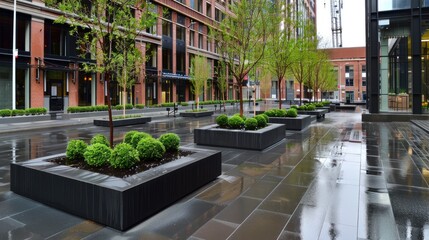A modern planter bench sits on a city street with a pedestrian walking by. The bench is filled with various greenery and flowers