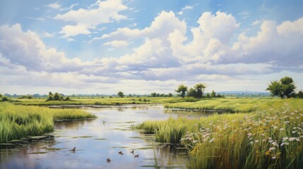 The image is of a beautiful summer day in the countryside. The sky is blue and cloudy, and the sun is shining brightly.