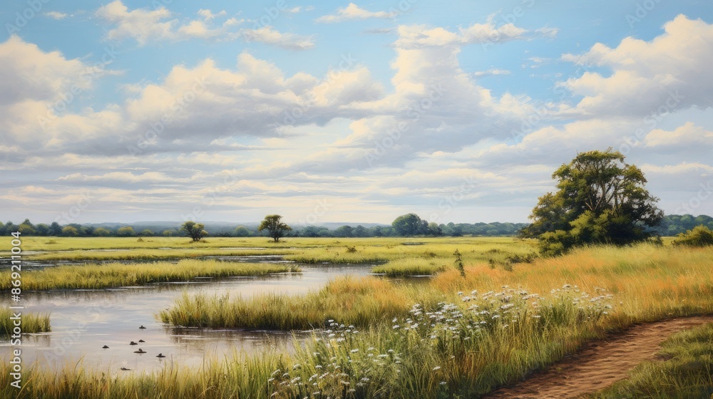 Poster amazing view of a beautiful landscape with a river, green fields and trees under a cloudy sky.