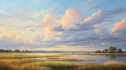 Amazing colorful sunset over the lake. Pink, blue and violet colors of the sky and the reflection in the water.