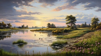 Amazing colorful sunset landscape with river and trees. The setting sun casts a golden glow on the river and the trees on the shore. © BozStock