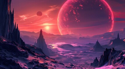 Expansive Futuristic Alien Landscapes with Dramatic Celestial Backdrops and Vivid Cosmic Scenery