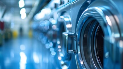 Fototapeta premium A close-up shot of a row of industrial laundry machines in a factory setting. The machines are clean and shiny, reflecting the blue light that illuminates the space