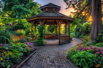Fototapeta premium Gazebo surrounded by lush greenery in a garden.