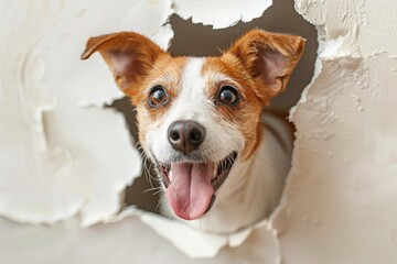 A little dog passing through white paper