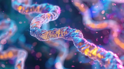 Mesmerizing Microscopic View of Coiled and Bundled Chromosomes with Vibrant Colors and Textures