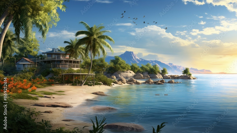 Poster amazing view of a beach house from the outside with palm trees and a beautiful ocean view.