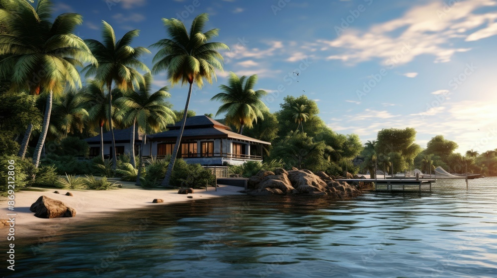 Poster a beautiful beach house with a tropical setting. the house is surrounded by palm trees and has a doc