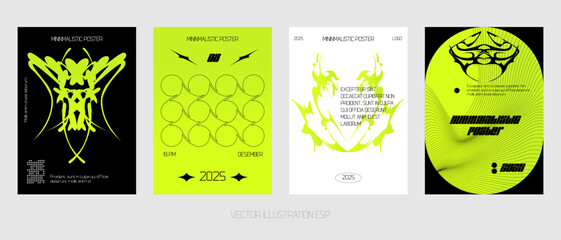 Acid digital graphic design in monochrome style, minimalist posters. Gothic elements for design. 2YK style.