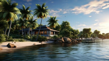 A beautiful beach house with a tropical setting. The house is surrounded by palm trees and has a dock extending into the calm water.