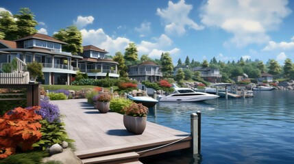 Fototapeta premium The image shows a beautiful lakeside community with large houses and private docks. The water is calm and clear, and the sky is sunny and blue.