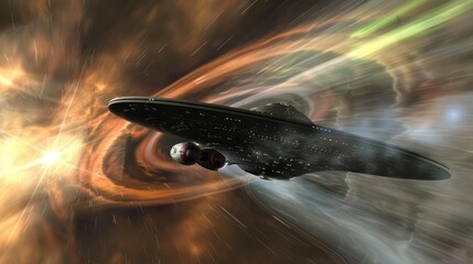 The spaceship is flying through a wormhole. The wormhole is a tunnel in space-time that allows for faster-than-light travel.