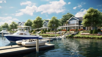 Obraz premium This is a beautiful lakeside community with large homes and private docks. The homes are surrounded by lush gardens and the water is calm and clear.