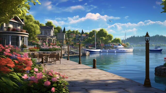 This is a beautiful lakeside community. The water is calm and clear. The trees are lush and green. The flowers are in bloom.