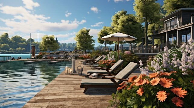 A beautiful lakeside view with a dock, lounge chairs, and a house in the background.