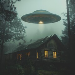 Mysterious UFO Sighting Over Rustic Cabin in Misty Forest