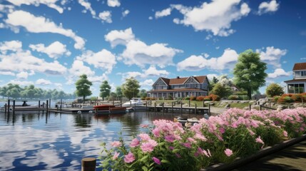 Fototapeta premium This is a beautiful lakeside home with a private dock and lush landscaping.