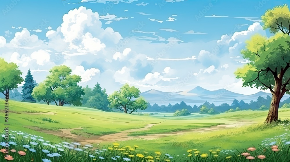 Poster the image is a beautiful landscape of a green field with a blue sky and white clouds. there are tree