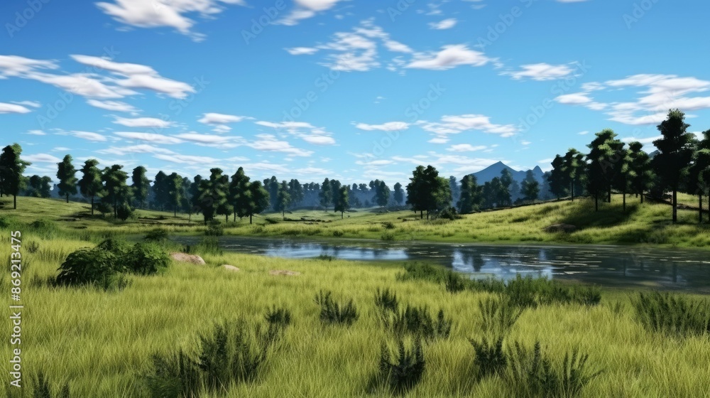 Poster the image is a beautiful landscape of a green field with a river running through it. there are trees