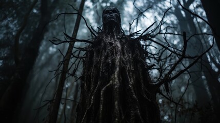 Mysterious dark figure in haunted forest