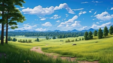 Obraz premium The image is of a beautiful landscape with a large green field, a lake, and mountains in the distance. The sky is blue and there are some clouds.