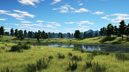 The image is a beautiful landscape of a green field with a river running through it. There are trees and mountains in the background.