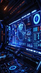 Obraz premium Blue background with futuristic spaceship interface, digital displays, and control panels, scifi theme, highdetail, 3D render