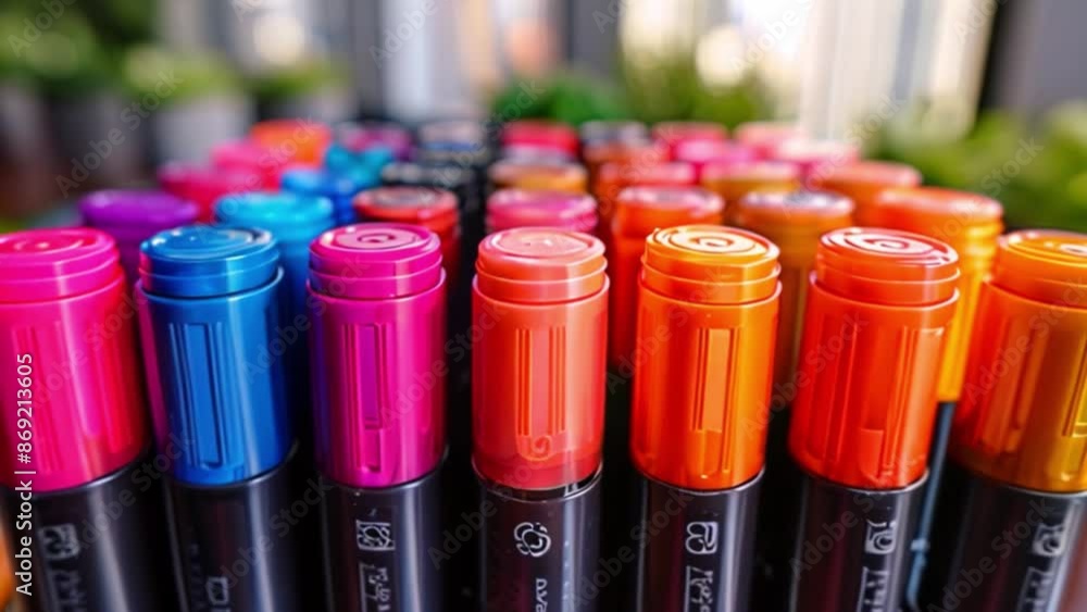 Poster this colorful markers neatly arranged in a row, artistic tools close-up.