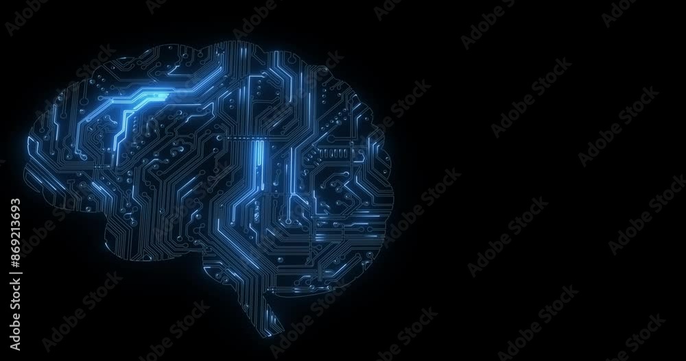 Aufkleber Circuit, digital brain and future technology for ai, artificial intelligence or big data on black background. Neural network, information and machine learning on electric cyber computer for mockup