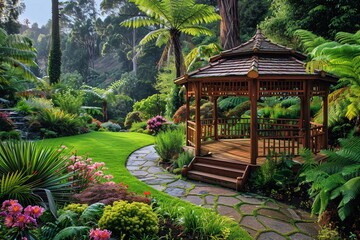 Fototapeta premium Gazebo surrounded by lush greenery in a garden.