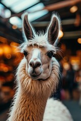 Obraz premium Curious llama with fluffy fur and large ears